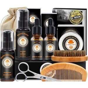 Beard Grooming Kit Upgraded - Oil Balm Brush Wash Comb Scissors Bag E-Book